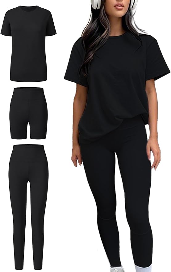 ZFLM casual sportswear 3-piece set high waist tight pants yoga pants short sleeved round neck yoga set