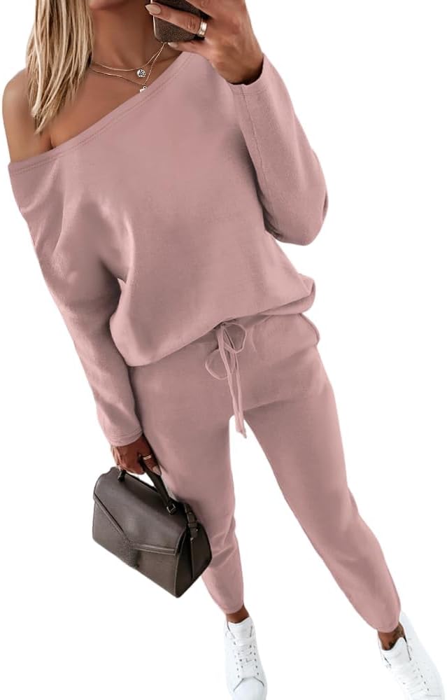 CHICME Women Tracksuit Fall 2 piece Outfits Off The Shoulder Long Sleeve Tops and Pants Set Travel Outfits