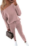 CHICME Women Tracksuit Fall 2 piece Outfits Off The Shoulder Long Sleeve Tops and Pants Set Travel Outfits