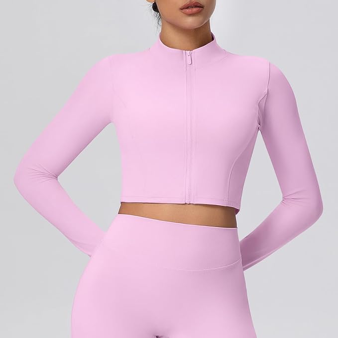 Yknktstc Womens Full Zip Athletic Jacket with Thumbhole Long Sleeve Crop Top Running Workout Yoga Sportswear Shirt
