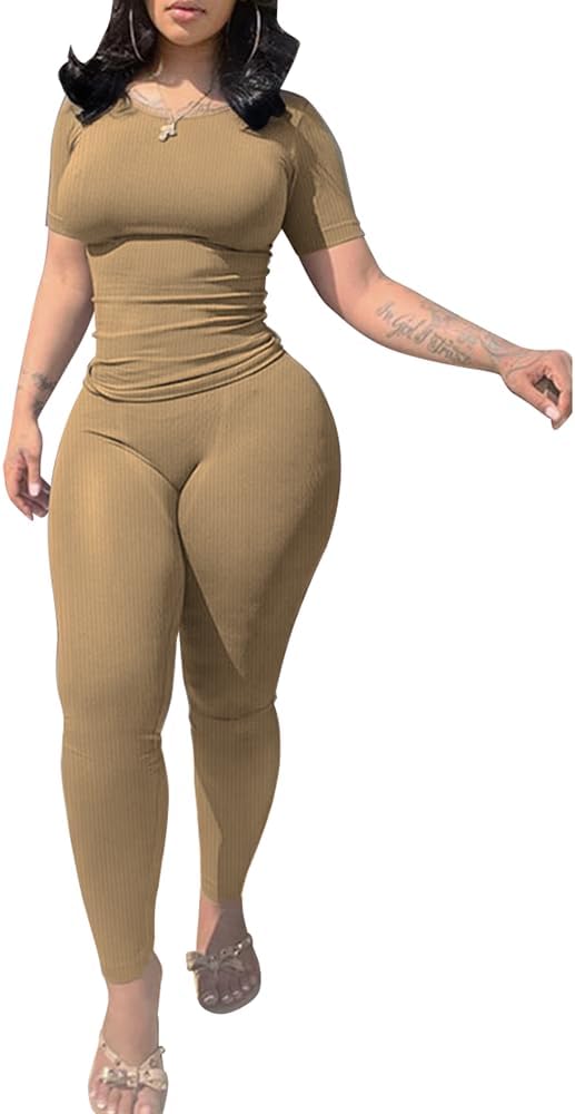 PINSV 2 Piece Sets for Women Summer Casual Jogger Workout Outfits Fitted Crew Neck T-shirt High Waist Legging Sets