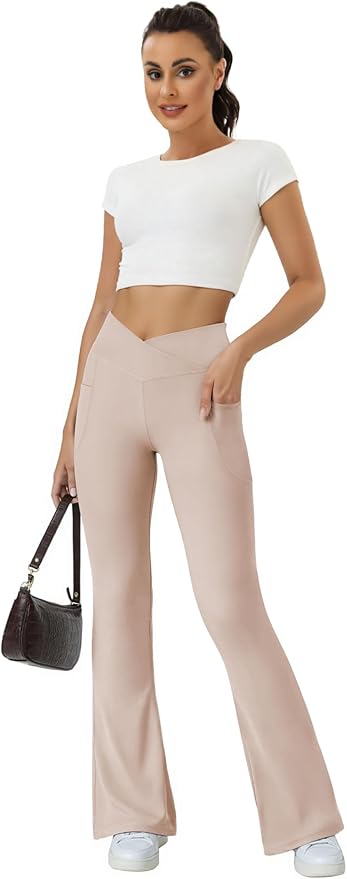 COPYLEAF Women's Flare Yoga Pants with Pockets V Crossover High Waisted Bootcut Yoga Leggings-Flare Workout Gym Leggings