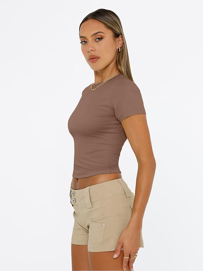 Trendy Queen Womens Short Sleeve T Shirts - Buttery Soft Summer Crop Tops Slim Fit Y2k Basic Tees for Workout