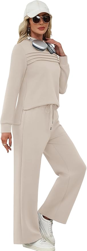 WIHOLL Two Piece Sets for Women Spring Travel Vacation Outfits 2026 Long Sleeve Lounge Sets Side Slit Wide Leg Pants S-3XL