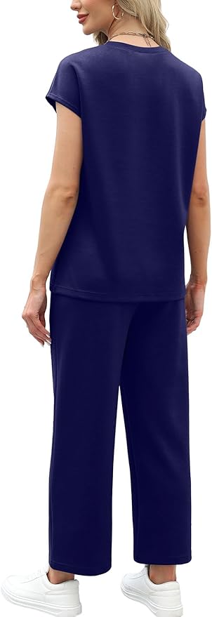 WIHOLL Two Piece Sets for Women Summer Spring Travel Vacation Outfits Cap Sleeve Lounge Matching Sets Wide Leg Pants S-3XL