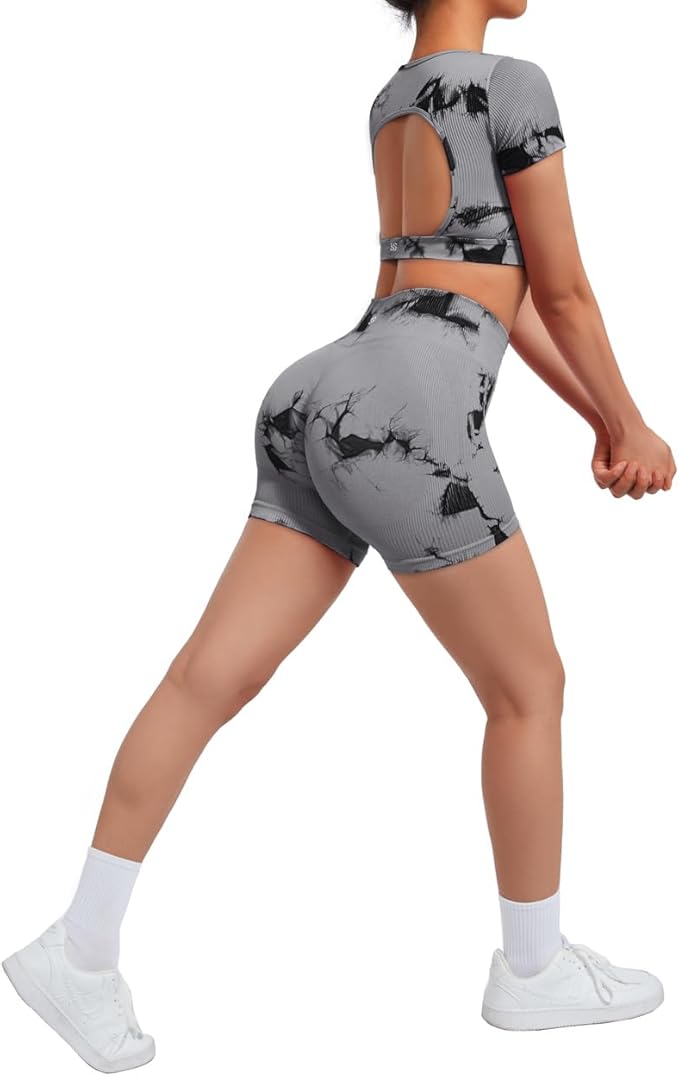 SUUKSESS Womens Workout Sets Open Back Gym Sets Woman Yoga Pilates Crop Tank High Waisted Bike Shorts
