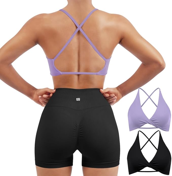 SUUKSESS Women 2 Piece Open Back Strappy Sports Bra Pack Twist V Neck Workout Crops