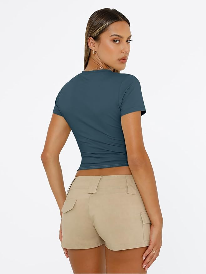 Trendy Queen Womens Short Sleeve T Shirts - Buttery Soft Summer Crop Tops Slim Fit Y2k Basic Tees for Workout