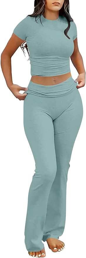 ANRABESS Lounge Sets for Women 2 Piece Foldover Yoga Flare Leggings Pants Crop Tops Casual Y2K Outfits Matching Tracksuit Set