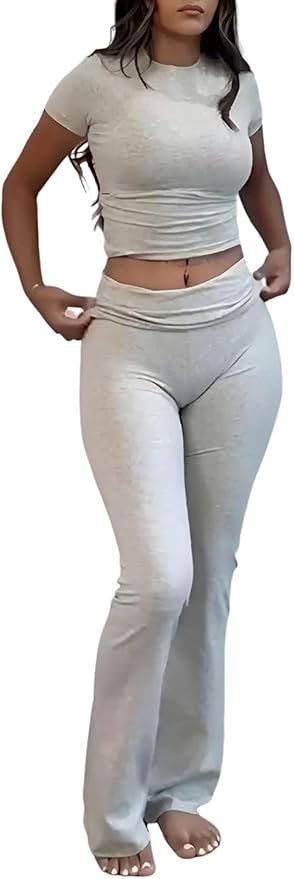 YETOWA Women's 2 Piece Lounge Outfits Slim Short Sleeve Tops Low Rise Flare Leggings Sets Yoga Sweatsuit
