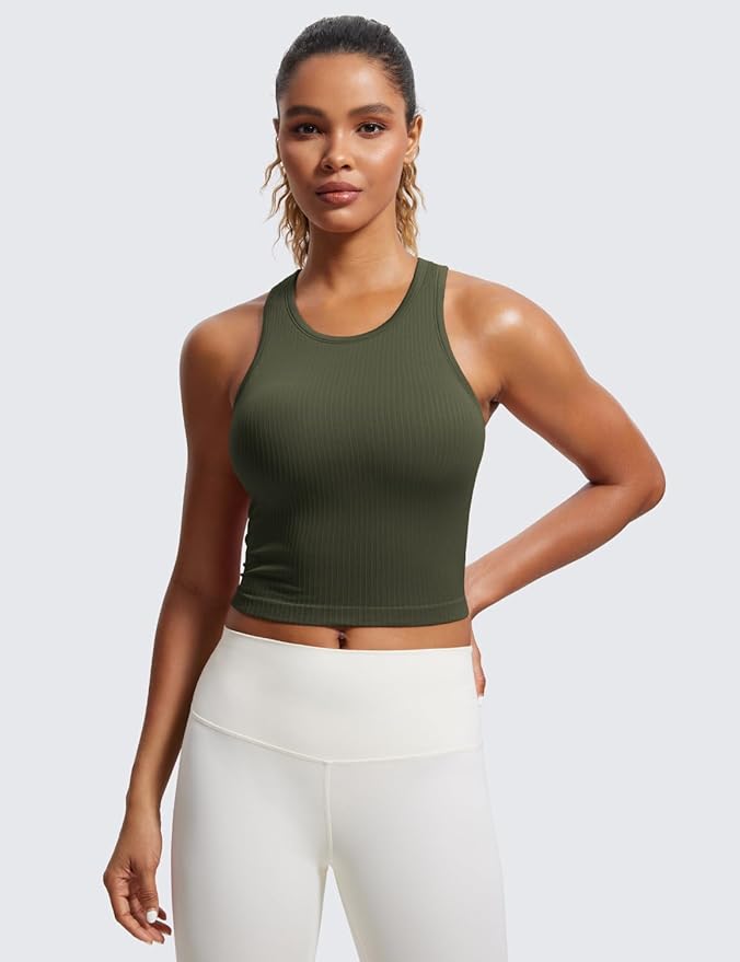 CRZ YOGA Seamless Ribbed High Neck Crop Tank Tops for Women - Longline Racerback Padded Sports Bras