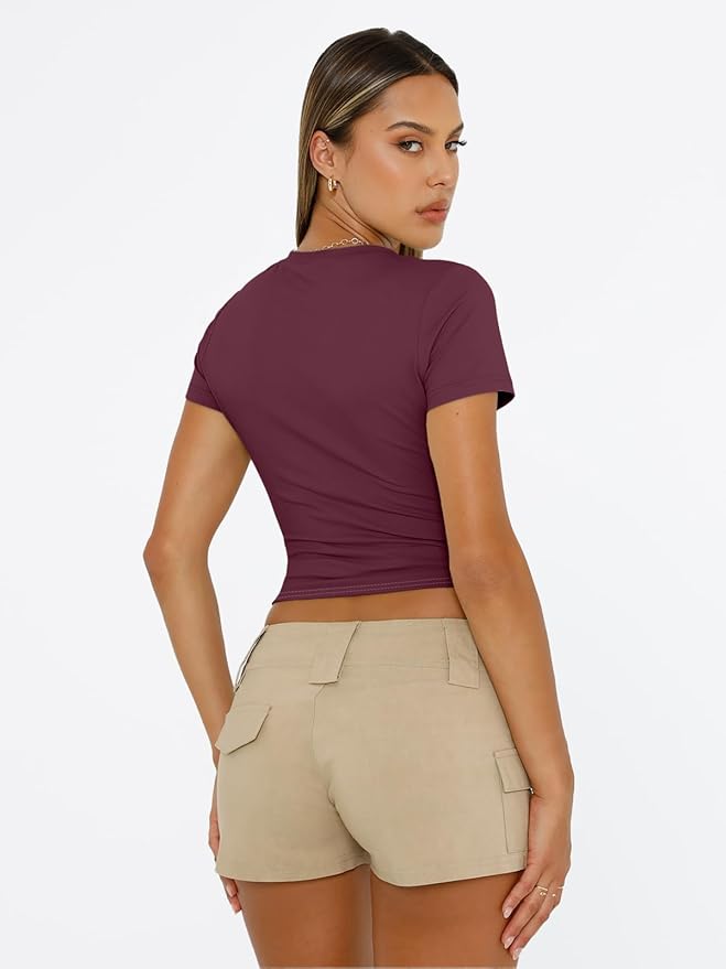 Trendy Queen Womens Short Sleeve T Shirts - Buttery Soft Summer Crop Tops Slim Fit Y2k Basic Tees for Workout