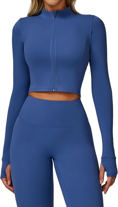 Yknktstc Womens Full Zip Athletic Jacket with Thumbhole Long Sleeve Crop Top Running Workout Yoga Sportswear Shirt