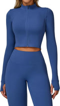 Yknktstc Womens Full Zip Athletic Jacket with Thumbhole Long Sleeve Crop Top Running Workout Yoga Sportswear Shirt