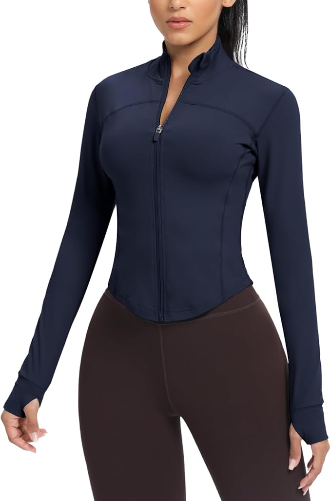 AVGO Women's Cropped Running Workout Jackets Zip Slim Fit Athletic Tops with Thumb Holes