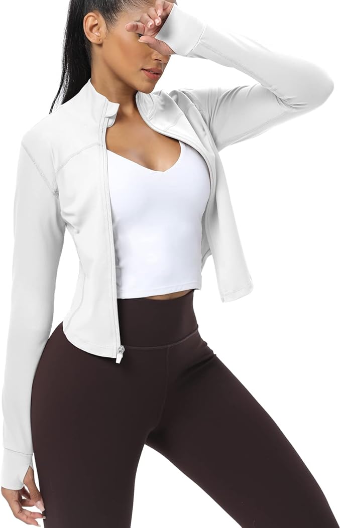 AVGO Women's Cropped Running Workout Jackets Zip Slim Fit Athletic Tops with Thumb Holes