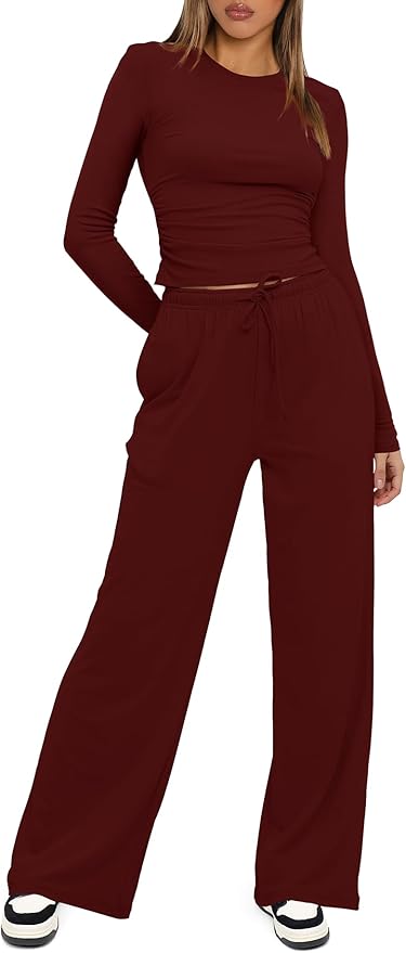 Darong Women's 2 Piece Outfits Lounge Sets 2026 Long Sleeve Tops Wide Leg Pants Casual Matching Set