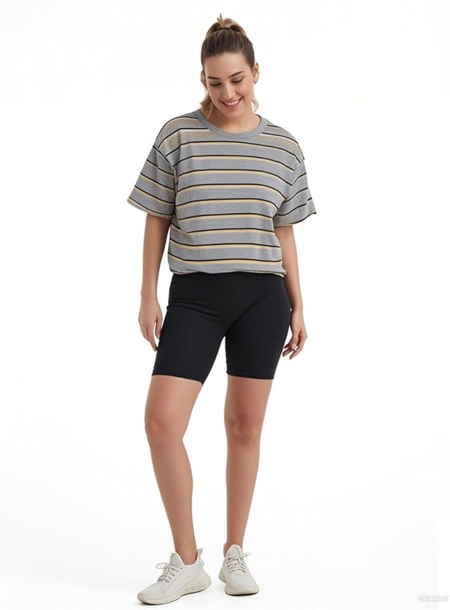 Women's Oversize Workout Crop Tops Casual Short Sleeve Drop Shoulder Boxy T-Shirts Roll Hem Basic Loose Yoga Running Tees