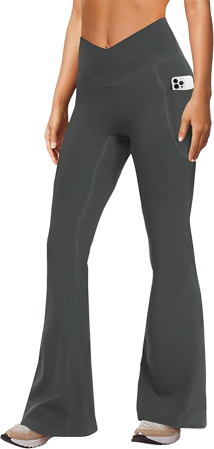 DLOODA Women's Yoga Pants with Pockets No Front Seam Crossover High Waisted Flare Leggings Tummy Control Bootcut Pants