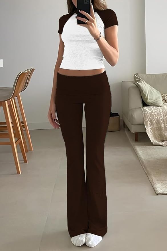 YETOWA Women's 2 Piece Lounge Outfits Slim Short Sleeve Tops Low Rise Flare Leggings Sets Yoga Sweatsuit