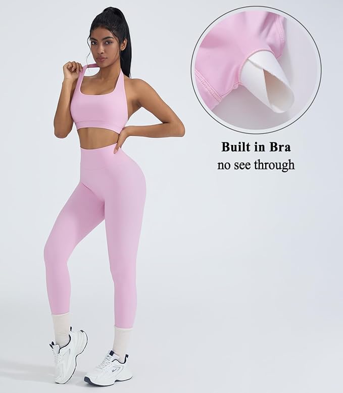 OMKAGI 2 Piece Workout Sets for Women Halter Sports Bras Gym Sets Booty Leggings Outfits