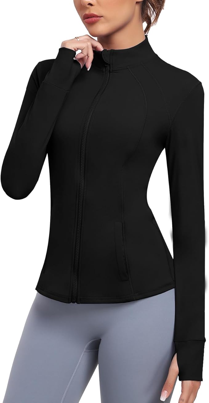 Women's Athletic Full Zip Lightweight Workout Jacket With Pockets Running Yoga Sportwear With Thumb Holes