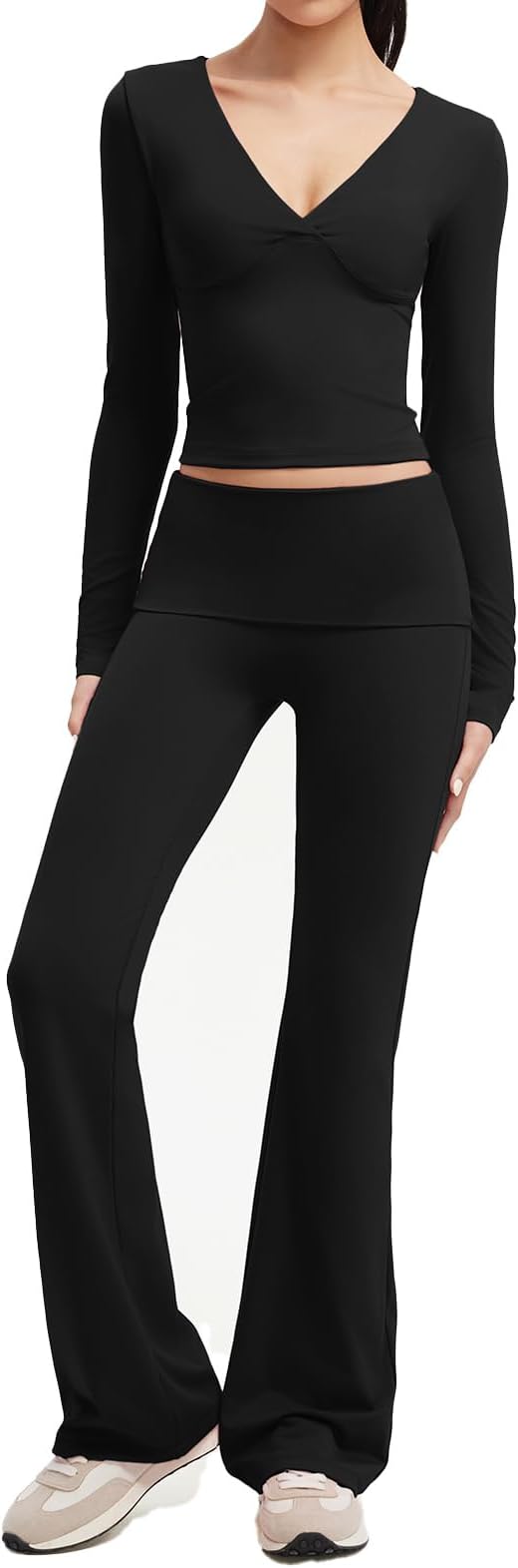 SUUKSESS Women 2 pieces Lounge Sets Long Sleeve V Neck Tops Fold Over Flare Leggings