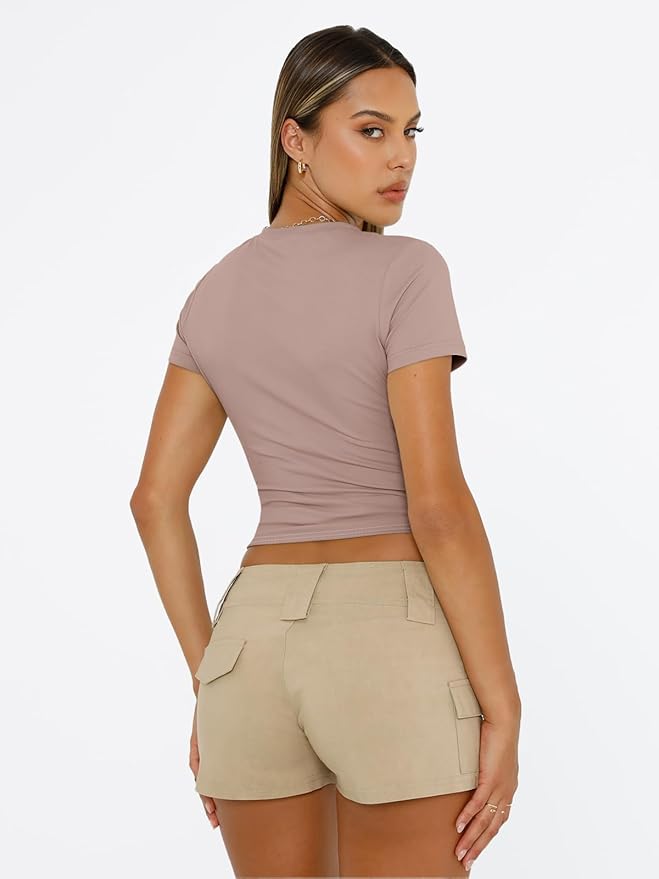 Trendy Queen Womens Short Sleeve T Shirts - Buttery Soft Summer Crop Tops Slim Fit Y2k Basic Tees for Workout