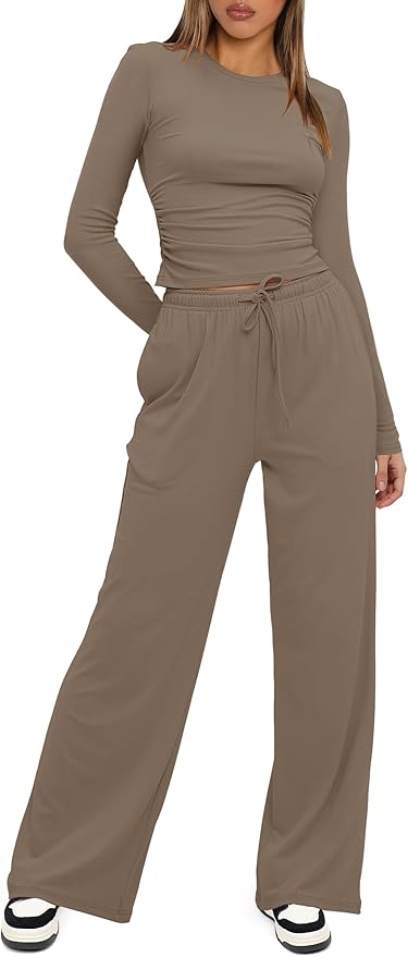 Darong Women's 2 Piece Outfits Lounge Sets 2026 Long Sleeve Tops Wide Leg Pants Casual Matching Set