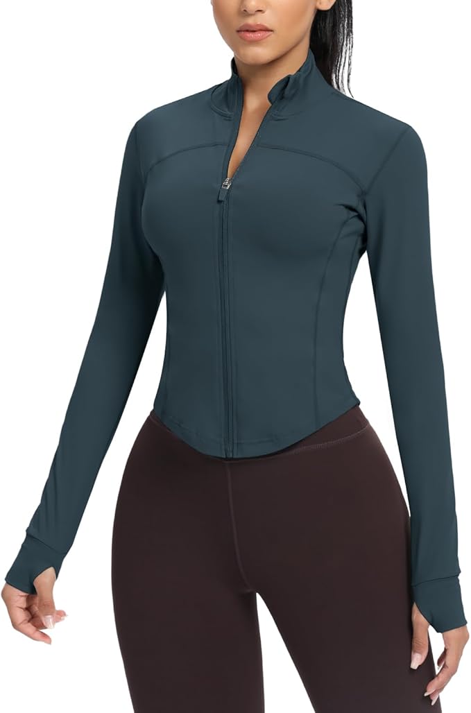 AVGO Women's Cropped Running Workout Jackets Zip Slim Fit Athletic Tops with Thumb Holes