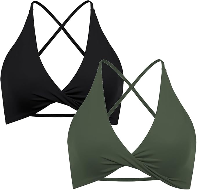 SUUKSESS Women 2 Piece Open Back Strappy Sports Bra Pack Twist V Neck Workout Crops