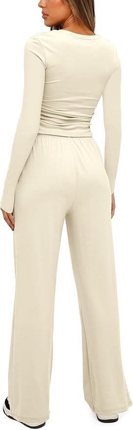 Darong Women's 2 Piece Outfits Lounge Sets 2026 Long Sleeve Tops Wide Leg Pants Casual Matching Set