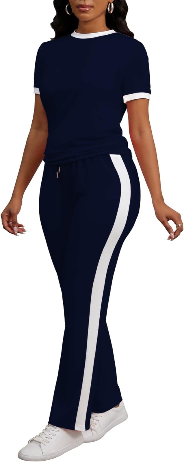 PINSV Women's 2 Piece Outfits Short Sleeve Tops Sweatpants Colorblock Bodycon Lounge Sets Tracksuit