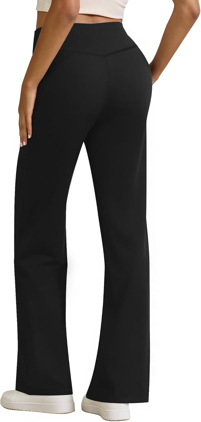 Womens High Waist Yoga Pants Stretchy Casual Trousers Straight Leg Pull On Side Pockets