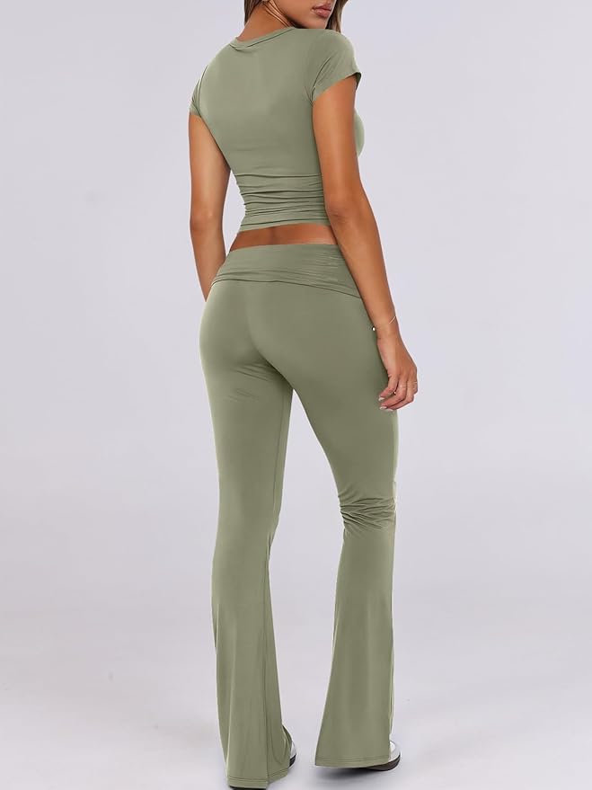 ANRABESS Lounge Sets for Women 2 Piece Foldover Yoga Flare Leggings Pants Crop Tops Casual Y2K Outfits Matching Tracksuit Set