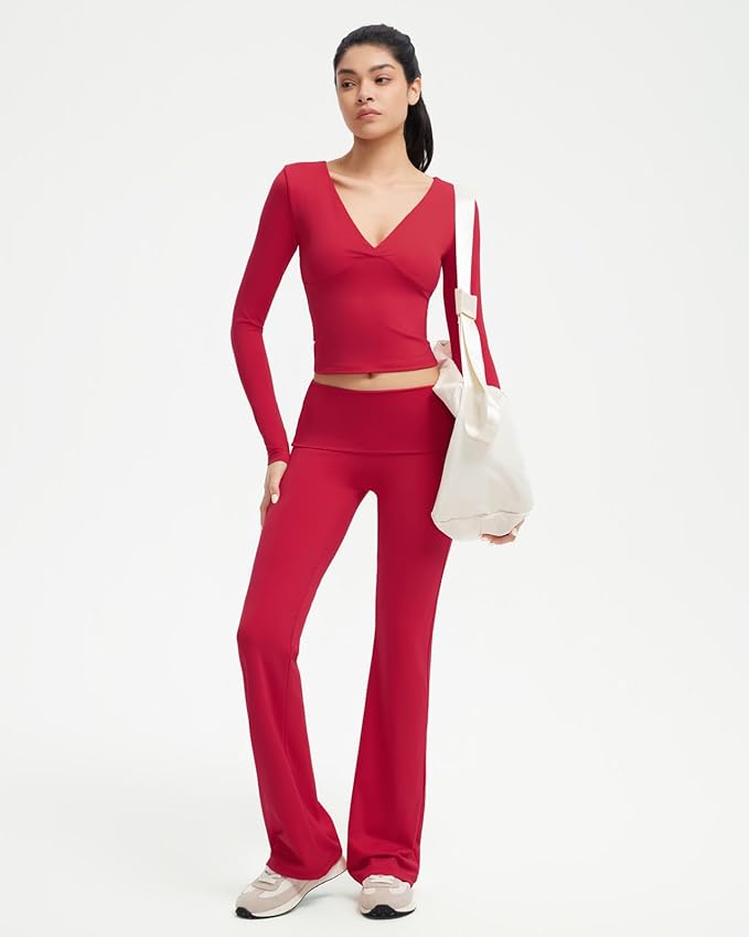 SUUKSESS Women 2 pieces Lounge Sets Long Sleeve V Neck Tops Fold Over Flare Leggings