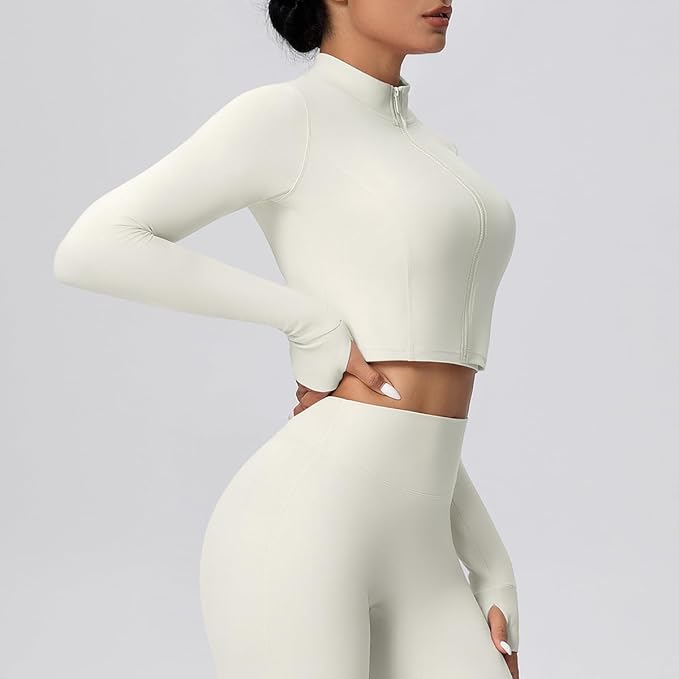 Yknktstc Womens Full Zip Athletic Jacket with Thumbhole Long Sleeve Crop Top Running Workout Yoga Sportswear Shirt