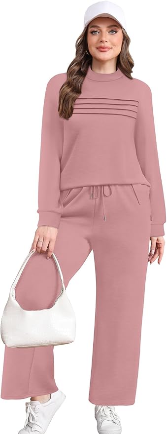 WIHOLL Two Piece Sets for Women Spring Travel Vacation Outfits 2026 Long Sleeve Lounge Sets Side Slit Wide Leg Pants S-3XL