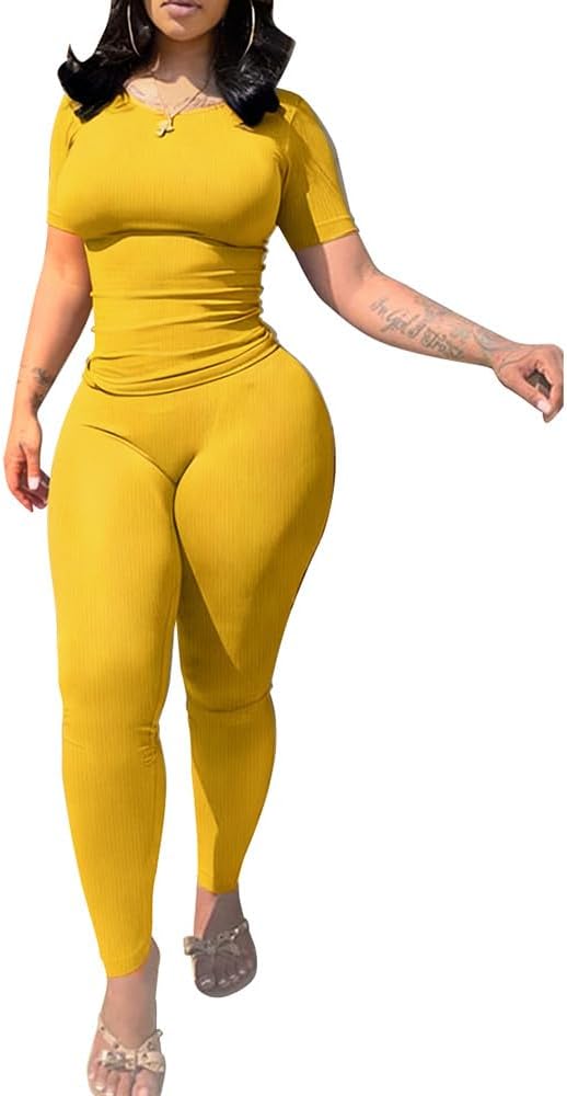 PINSV 2 Piece Sets for Women Summer Casual Jogger Workout Outfits Fitted Crew Neck T-shirt High Waist Legging Sets