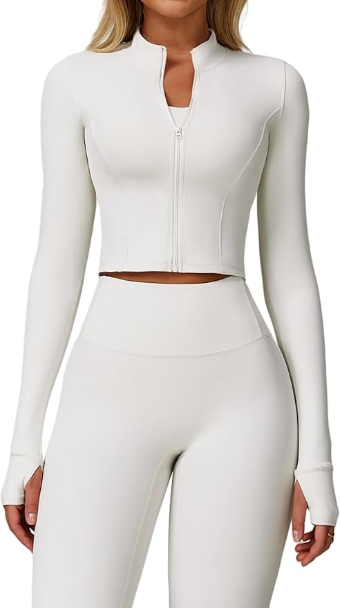 Yknktstc Womens Full Zip Athletic Jacket with Thumbhole Long Sleeve Crop Top Running Workout Yoga Sportswear Shirt