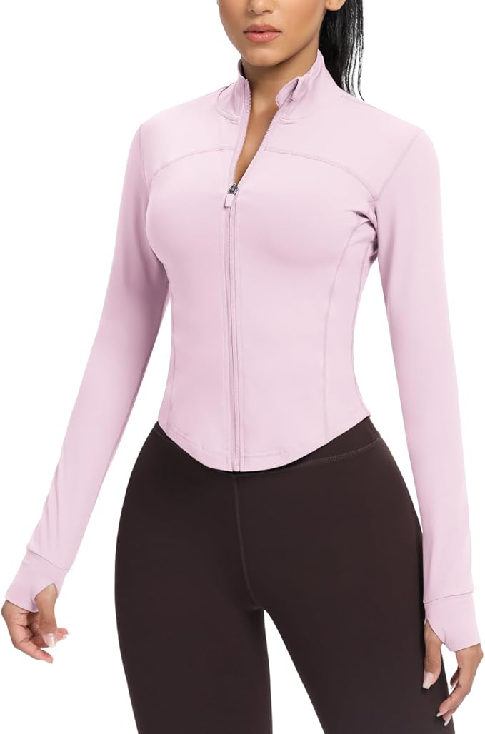 AVGO Women's Cropped Running Workout Jackets Zip Slim Fit Athletic Tops with Thumb Holes