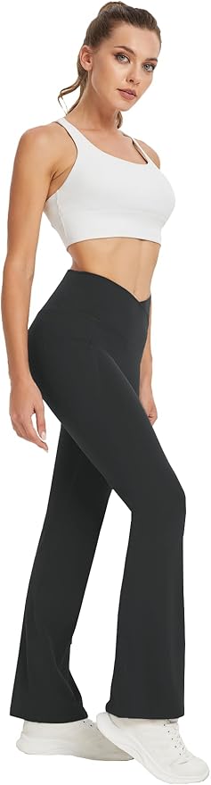 DLOODA Women's Yoga Pants with Pockets No Front Seam Crossover High Waisted Flare Leggings Tummy Control Bootcut Pants