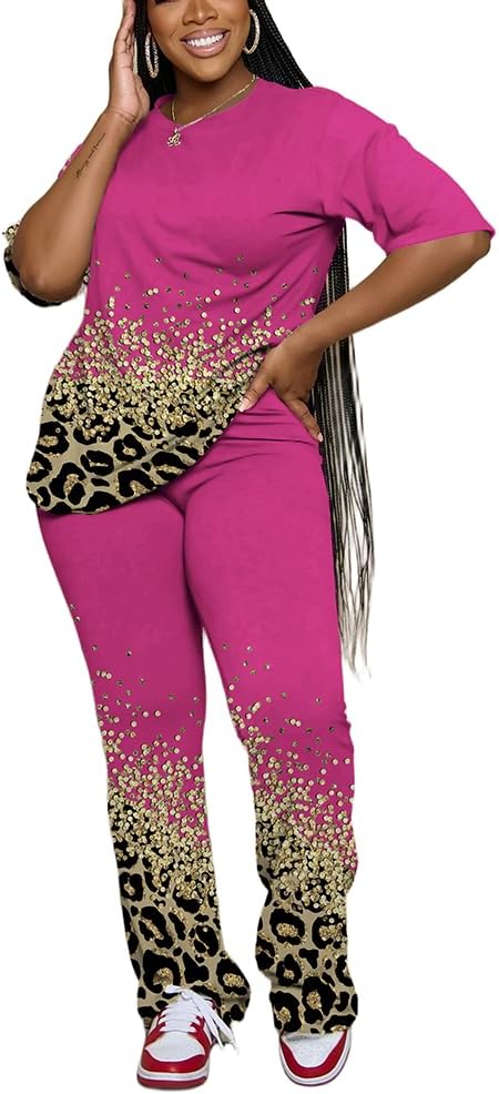 PINSV Women 2 Piece Outfits Short Sleeve Top and Flare Pants Lounge Sets Tracksuit