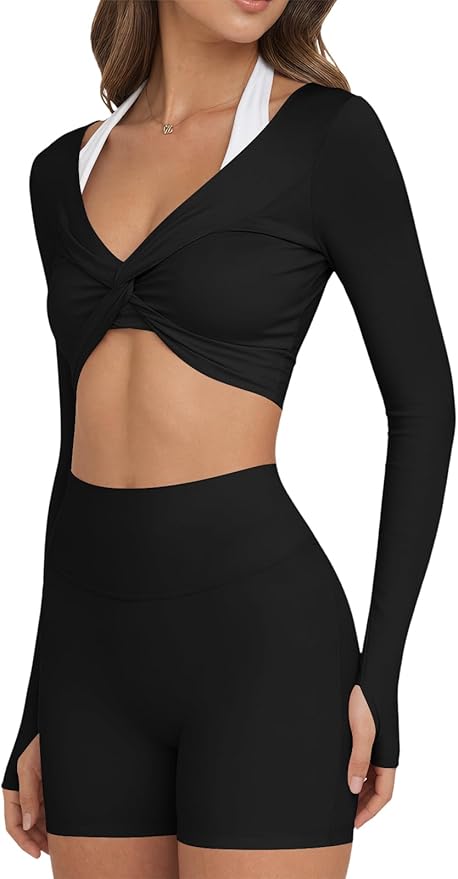 Yousify Womens Long Sleeve Workout Crop Tops Twist Deep V Neck Y2k Yoga Pilates Ballet T Shirt Top with Thumb Holes