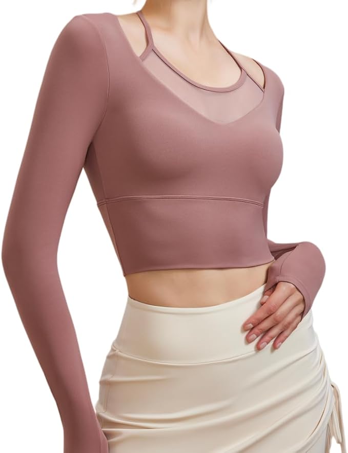 Harssidanzar Women's Yoga Workout Tops 2 in 1 Sports Bra for Gym Athletic Casual Long Sleeve CL312US
