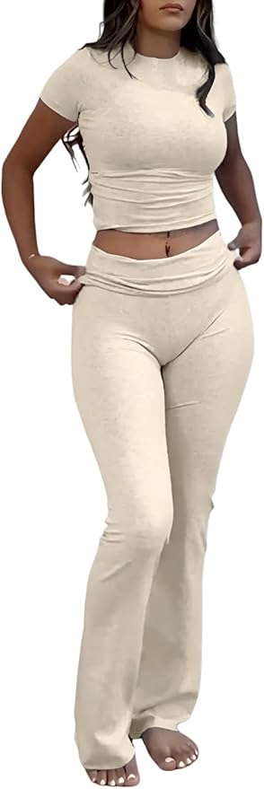 YETOWA Women's 2 Piece Lounge Outfits Slim Short Sleeve Tops Low Rise Flare Leggings Sets Yoga Sweatsuit