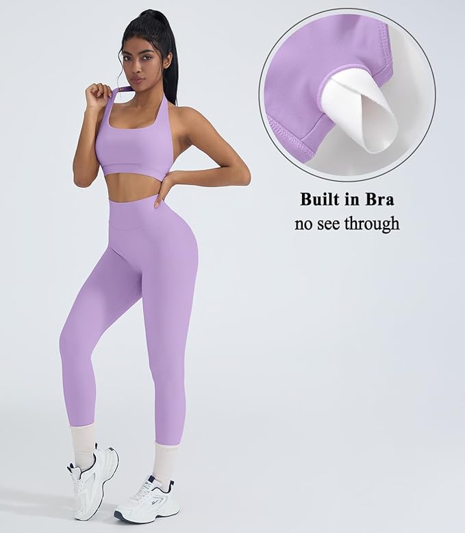 OMKAGI 2 Piece Workout Sets for Women Halter Sports Bras Gym Sets Booty Leggings Outfits