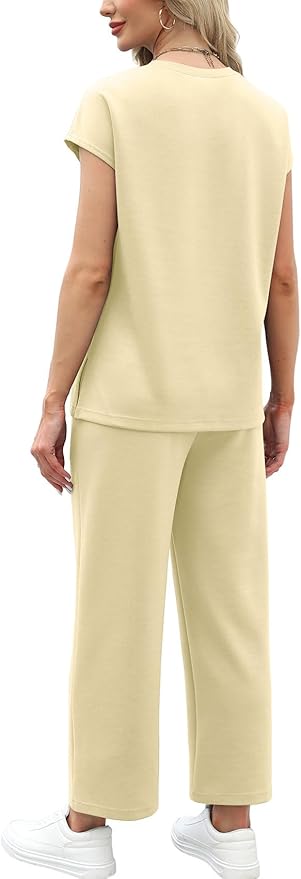 WIHOLL Two Piece Sets for Women Summer Spring Travel Vacation Outfits Cap Sleeve Lounge Matching Sets Wide Leg Pants S-3XL