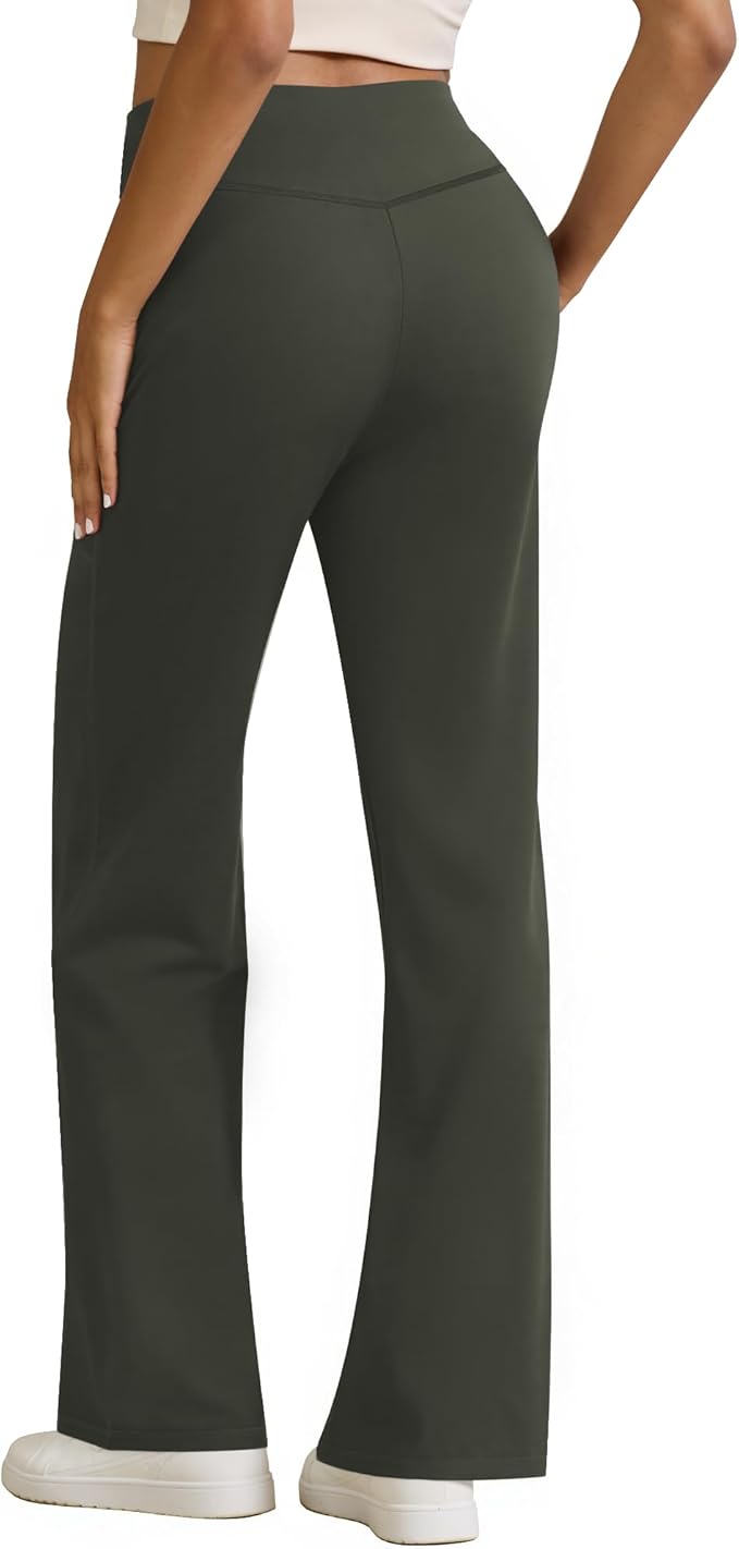 Womens High Waist Yoga Pants Stretchy Casual Trousers Straight Leg Pull On Side Pockets