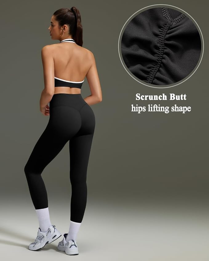 OMKAGI 2 Piece Workout Sets for Women Halter Sports Bras Gym Sets Booty Leggings Outfits